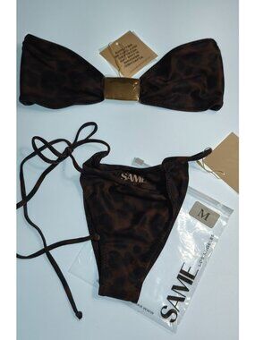 SAME LA Hammer Bandeau Bikini Set Cheetah Gold Hardware Top Bottom M NWT